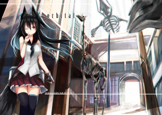 Картинка аниме животные +существа музей скелеты ушки город девушка арт haik