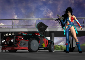 Картинка 3д+графика фантазия+ fantasy девушка автомобиль оружие фон взгляд