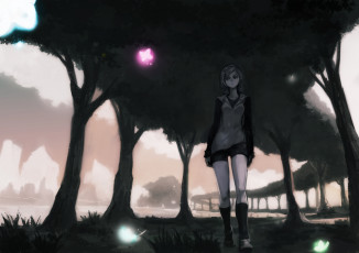 Картинка аниме unknown +другое бабочка светлячки прогулка деревья девушка арт okuto