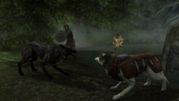 Картинка 3д+графика фантазия+ fantasy воины горы озеро собаки викинги