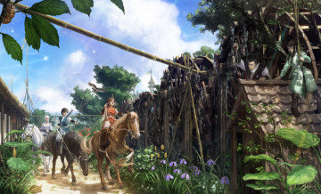 Картинка аниме животные +существа цветы всадники улица дорога лошади девушки парень арт makkou4