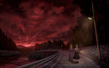 Картинка аниме touhou дорога поля фонарь maribel han sasajqazwsx usami renko девочки зарево закат арт