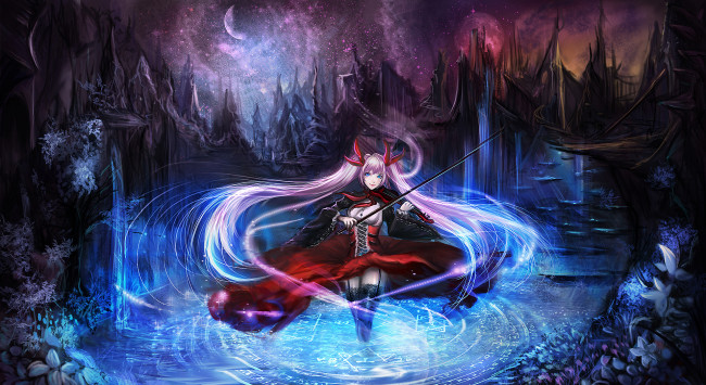 Обои картинки фото аниме, музыка, ночь, девушка, арт, sangrde, смычок, скрипка