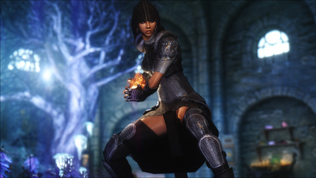 Обои картинки фото видео игры, the elder scrolls v,  skyrim, магия, фон, взгляд, девушка