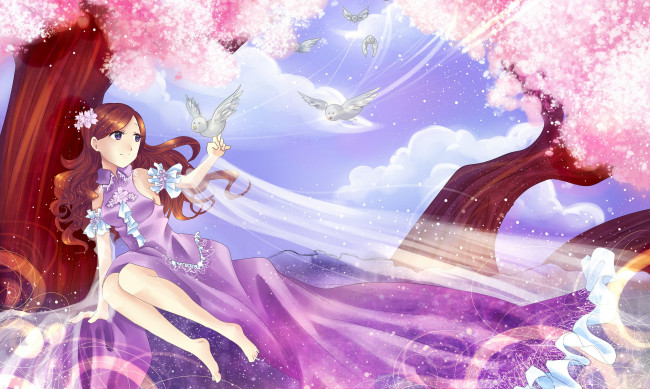 Обои картинки фото аниме, животные,  существа, девочка, платье, голуби, дерево