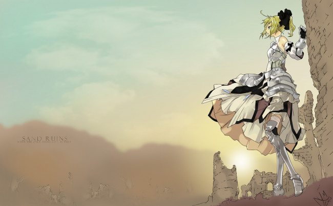 Обои картинки фото аниме, fate, stay night, saber, арт, девушка, доспехи, руины