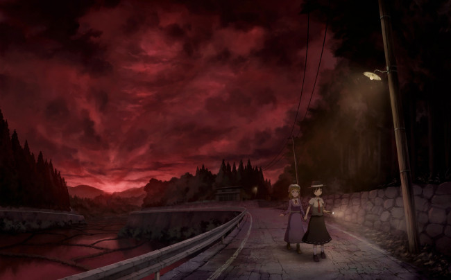 Обои картинки фото аниме, touhou, дорога, поля, фонарь, maribel, han, sasajqazwsx, usami, renko, девочки, зарево, закат, арт