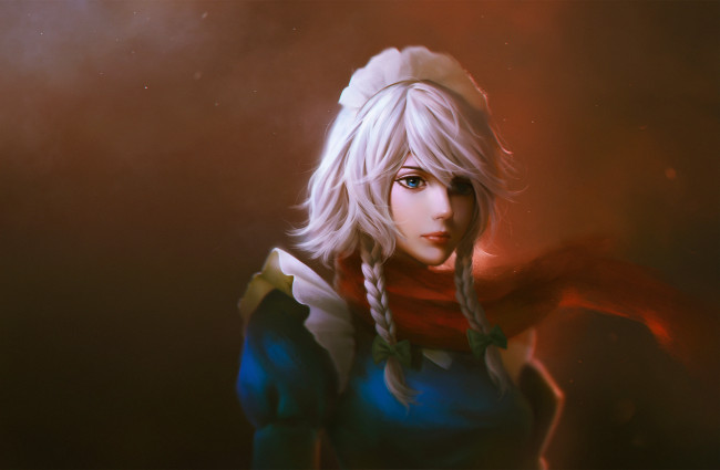 Обои картинки фото аниме, touhou, izayoi, sakuya, арт, vardec, bita, портрет, девушка, взгляд, косы