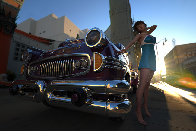 Обои картинки фото автомобили, 3d car&girl, автомобиль, фон, взгляд, девушка