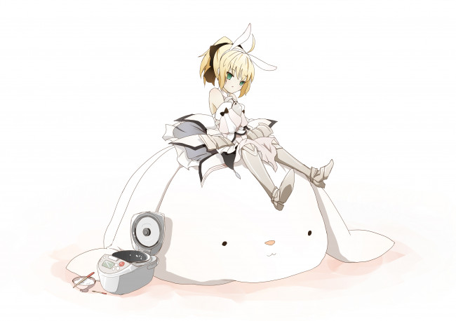Обои картинки фото аниме, fate, stay night, saber, арт, девушка, платье, ушки, кролик, пароварка