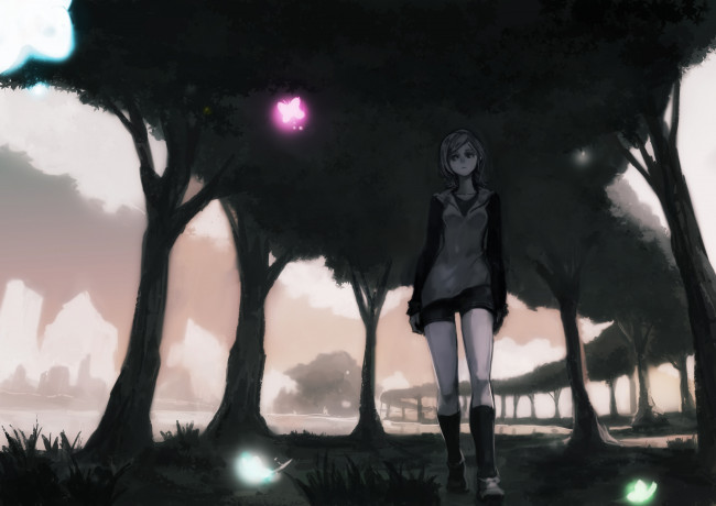 Обои картинки фото аниме, unknown,  другое, бабочка, светлячки, прогулка, деревья, девушка, арт, okuto