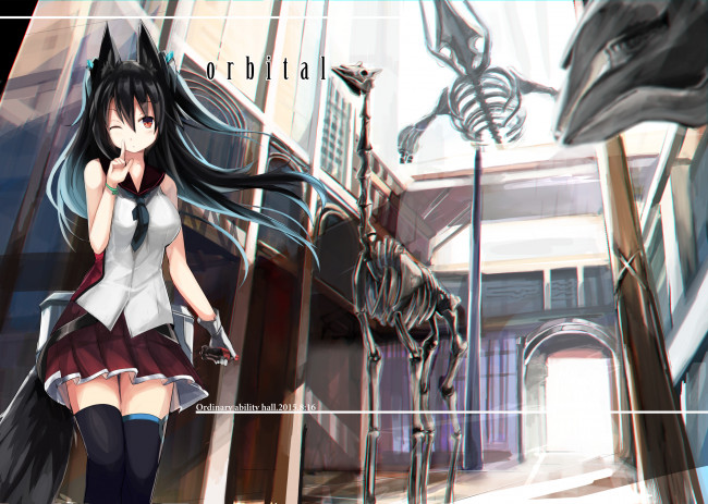 Обои картинки фото аниме, животные,  существа, музей, скелеты, ушки, город, девушка, арт, haik