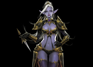 Картинка фэнтези эльфы арт темная эльфийка эльф уши взгляд поза кинжал фон