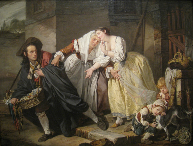 Обои картинки фото жан-батист грез - жест неаполитанца, рисованное, живопись, мужчина, женщины, собака, дети, люди