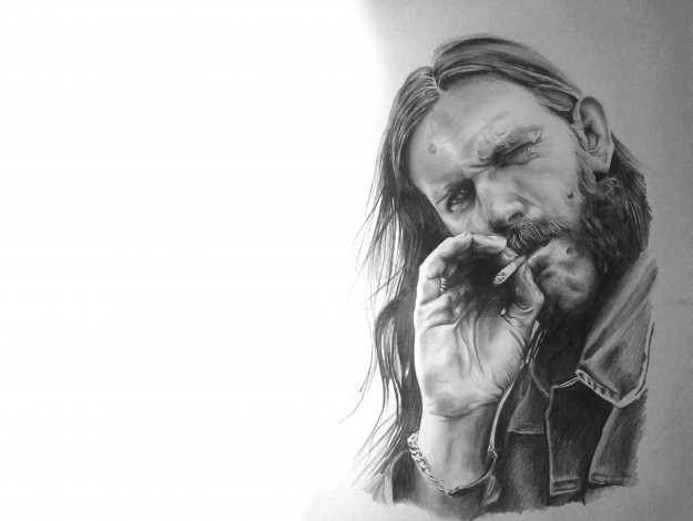 Обои картинки фото lemmi kilmister, рисованное, люди, портрет, мужчина, взгляд, сигарета, фон