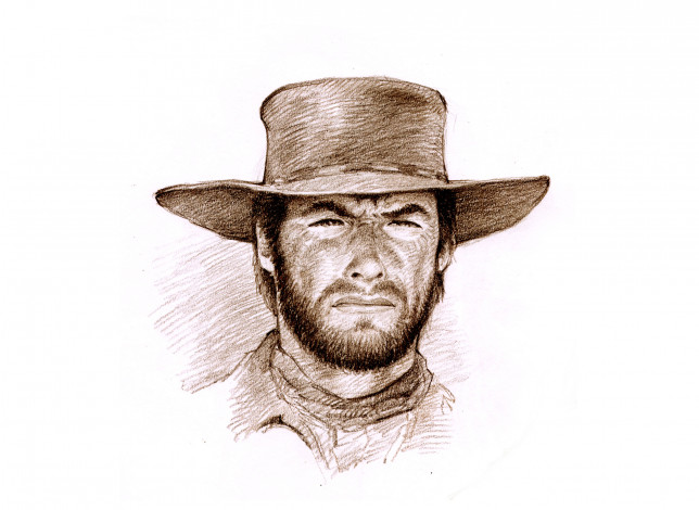 Обои картинки фото clint eastwood, рисованное, кино, взгляд, шляпа, фон, мужчина