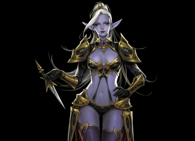 Обои картинки фото фэнтези, эльфы, арт, темная, эльфийка, эльф, уши, взгляд, поза, кинжал, фон