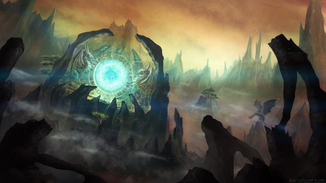 Обои картинки фото фэнтези, иные миры,  иные времена, дракон, мир, иной, скалы, портал