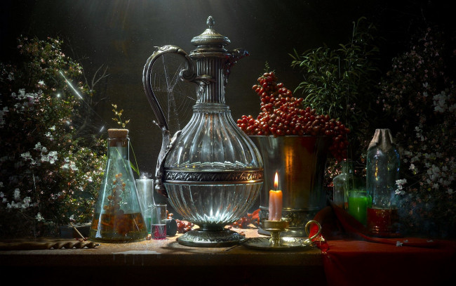 Обои картинки фото еда, натюрморт, кувшин, паутина, ягоды, свеча