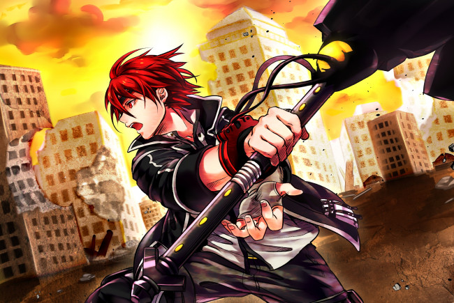 Обои картинки фото аниме, god eater, парень, оружие, руины