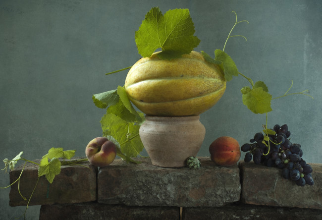 Обои картинки фото еда, натюрморт, дыня, персик, виноград