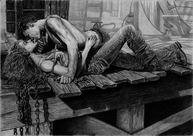 Обои картинки фото рисованное, люди, фон, мужчина, девушка, цепь, помост