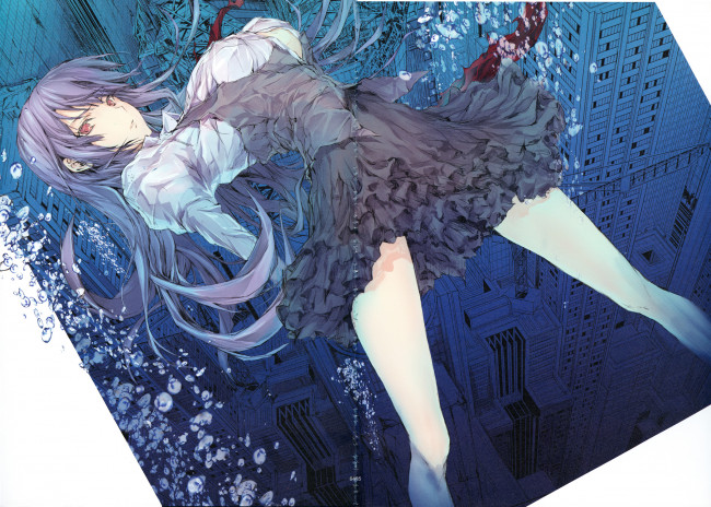 Обои картинки фото аниме, город,  улицы,  здания, девушка