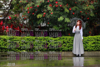 Картинка календари девушки зонт азиатка растения дорога деревья