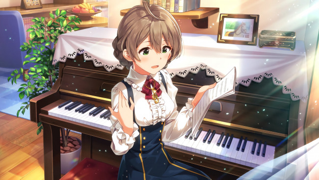 Обои картинки фото аниме, idolm@ster, взгляд, девушка, фон