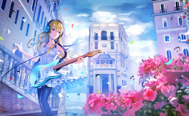 Обои картинки фото аниме, музыка, город, девушка