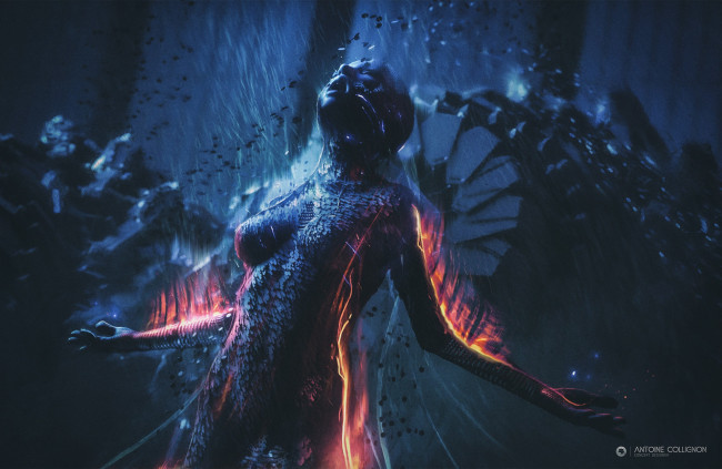 Обои картинки фото фэнтези, роботы,  киборги,  механизмы, audio, android, робот, женщина, пламя, огонь, antoine, collignon