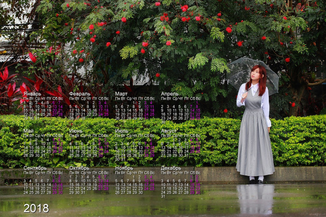 Обои картинки фото календари, девушки, зонт, азиатка, растения, дорога, деревья