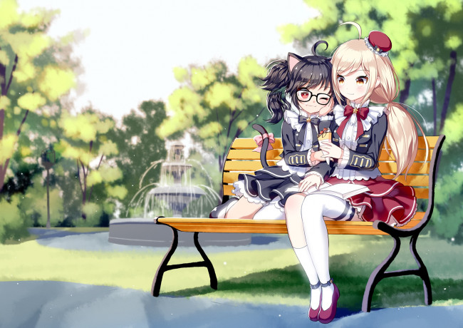 Обои картинки фото аниме, животные,  существа, фон, взгляд, девушки