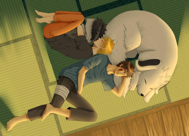 Обои картинки фото аниме, naruto, собака, наруто, киба, куртка, узумаки, комната