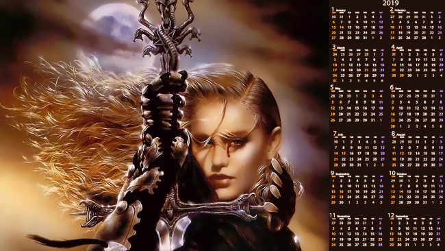 Обои картинки фото календари, фэнтези, 2019, взгляд, женщина, calendar, девушка