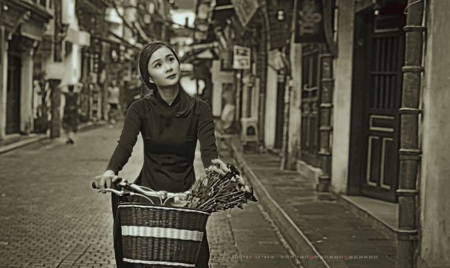 Обои картинки фото календари, компьютерный дизайн, корзина, цветы, женщина, calendar, 2019, девушка, азиатка, улица