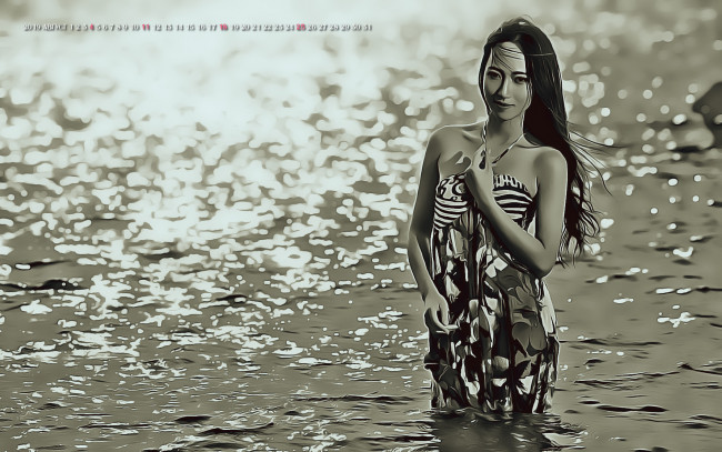 Обои картинки фото календари, компьютерный дизайн, азиатка, водоем, 2019, calendar, женщина, взгляд, девушка