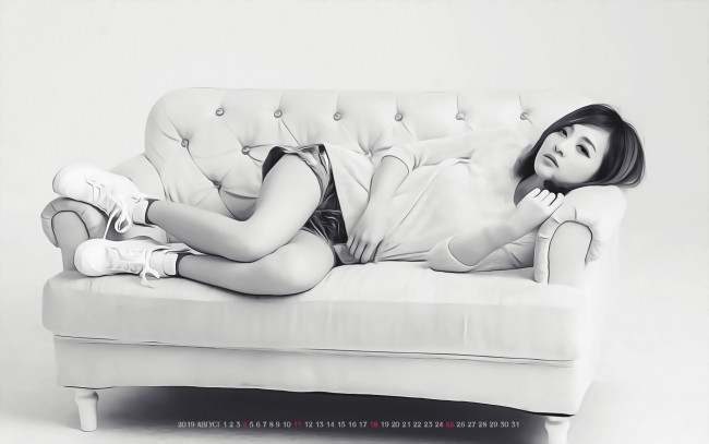 Обои картинки фото календари, компьютерный дизайн, диван, азиатка, девушка, взгляд, женщина, calendar, 2019