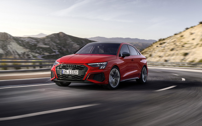 Обои картинки фото 2021 audi s3, автомобили, audi, 2021, s3, экстерьер, вид, спереди, красный, седан, новый, a3, s, line, немецкие, скорость, поворот, трасса
