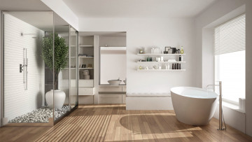 обоя интерьер, ванная и туалетная комнаты, душ, ванна, полки