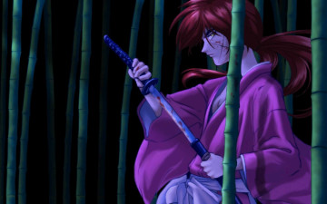 Картинка аниме rurouni+kenshin парень самурай меч шрам бамбук
