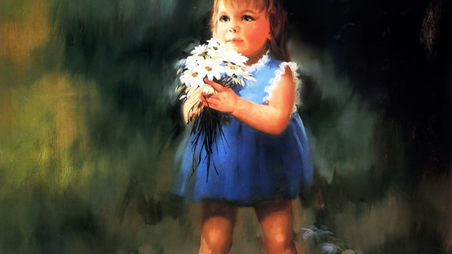 Обои картинки фото рисованное, donald zolan, девочка, ребенок, платье, букет, цветы