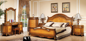 Картинка интерьер спальня лампы картины ковер сумка кровать подушки трюмо