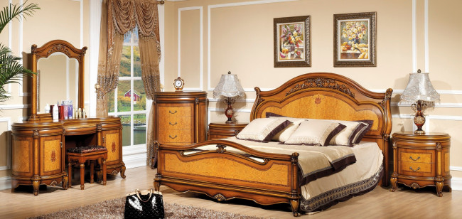 Обои картинки фото интерьер, спальня, лампы, картины, ковер, сумка, кровать, подушки, трюмо