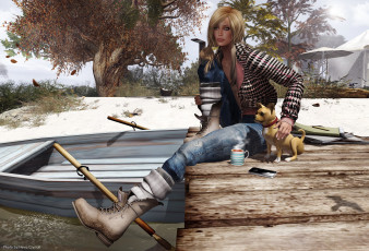 Картинка 3д графика people люди девушка собачка пристань ботинок