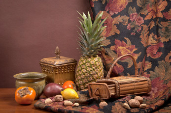 Картинка еда натюрморт ананас хурма орехи лимон