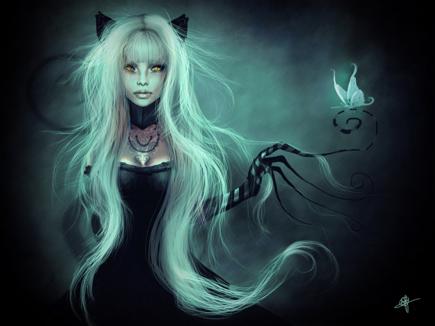 Обои картинки фото фэнтези, существа, бабочка, ушки, кошка, волосы