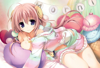 Картинка аниме животные +существа фон пижама подушки рога девушка взгляд