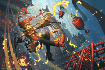 Картинка аниме город +улицы +здания bespin арт девочка фонарики