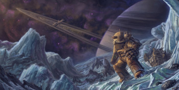 Картинка фэнтези роботы +киборги +механизмы иной мир чужая планета скалы космический корабль